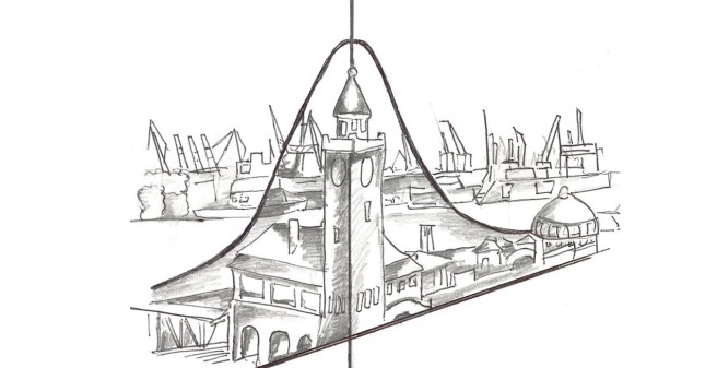 IMBE drawing of harbour with normal distribution curve